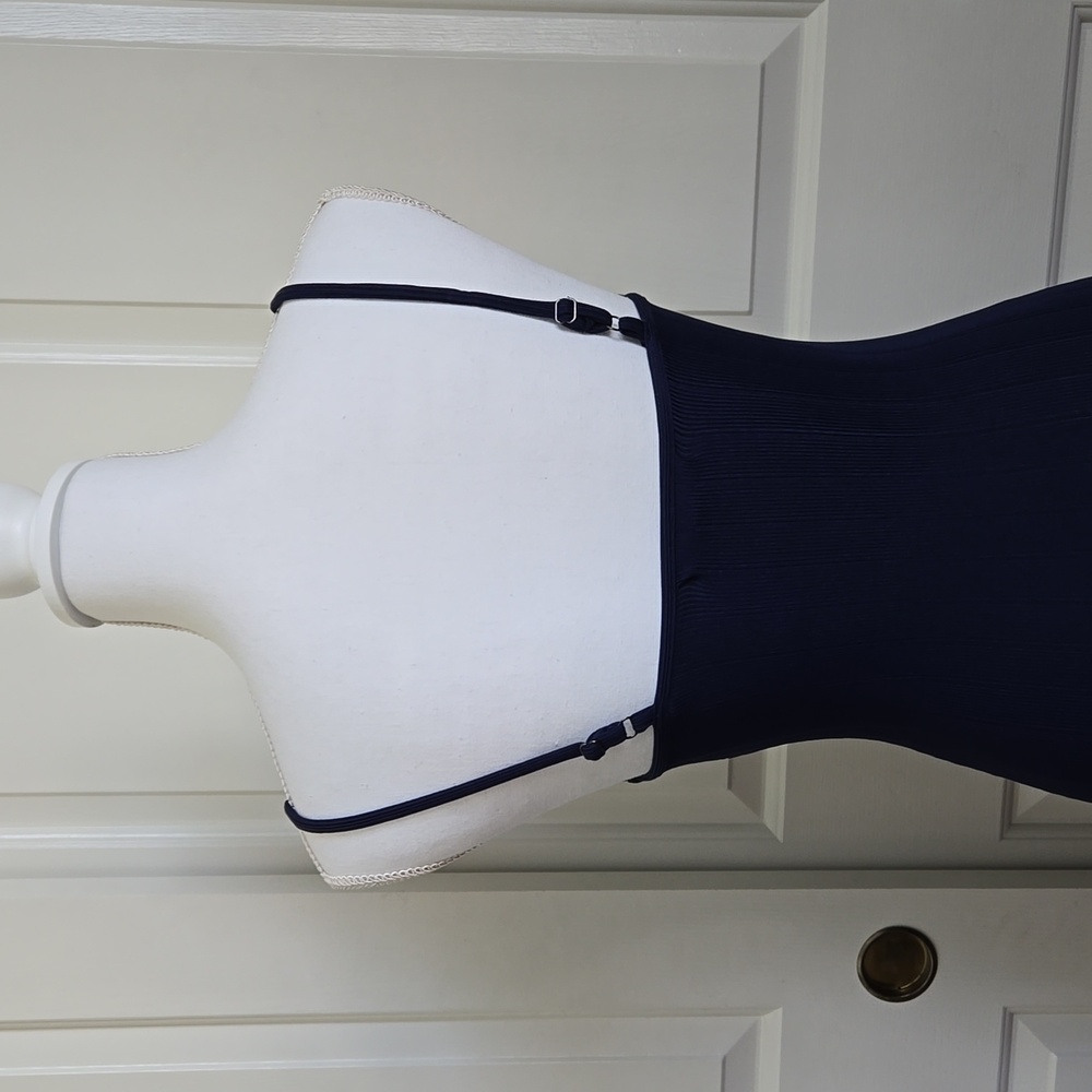 Forever 21 Navy Blue Stretch Midi Dress Small | Adjustable Straps, Side Slit - Picture 3 of 8